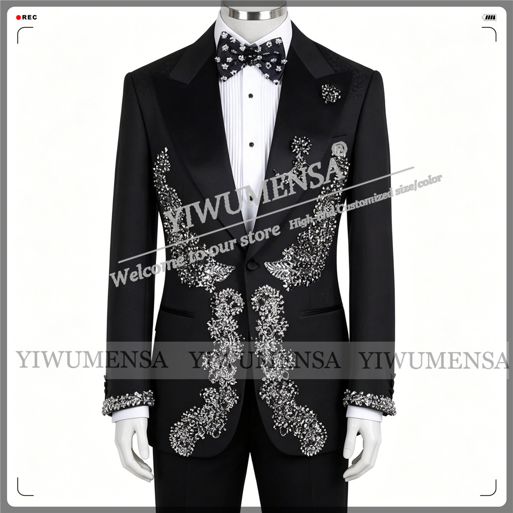 Formal Wear Jersey For Men - 男性用限定ウェディングスーツ スリムフィット ビーズストーンジャケット パンツ 2ピースセット 新郎フォーマルウェア
