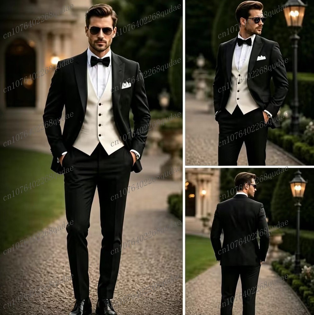 Formal Wear Jersey For Men - フォーマルな黒と白のメンズスーツ、結婚式、新郎、花婿の付添人、男性用タキシード、新郎衣装、3ピースセット、ブレザー、ベスト、パンツ