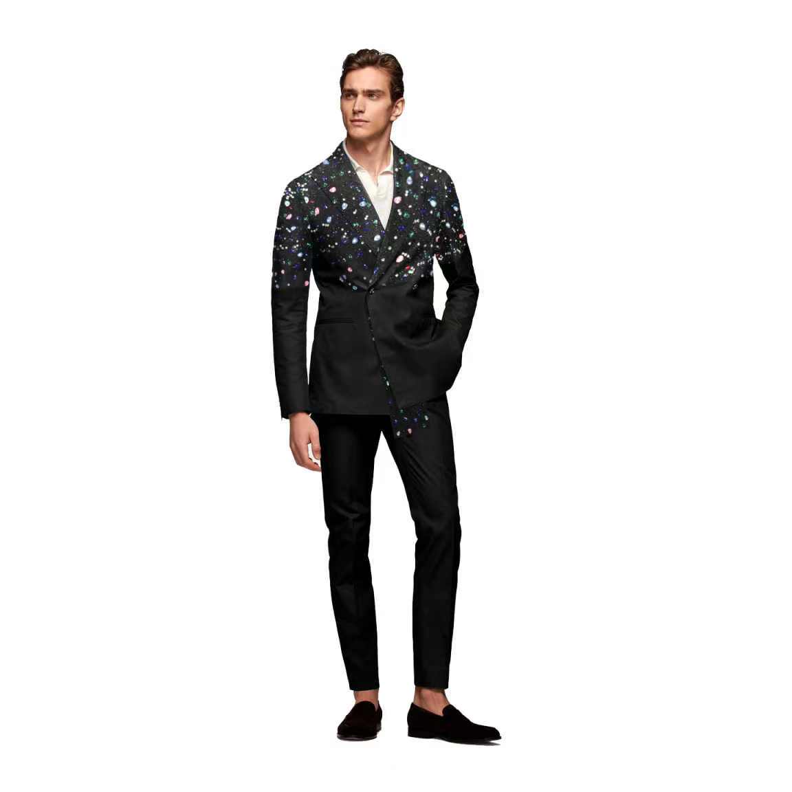 Formal Wear Jersey For Men - 黒人男性スーツセット 2 個クリスタルブレザー + パンツズボン新郎フォーマルオフィスジャケット結婚式新郎タキシードカスタマイズ