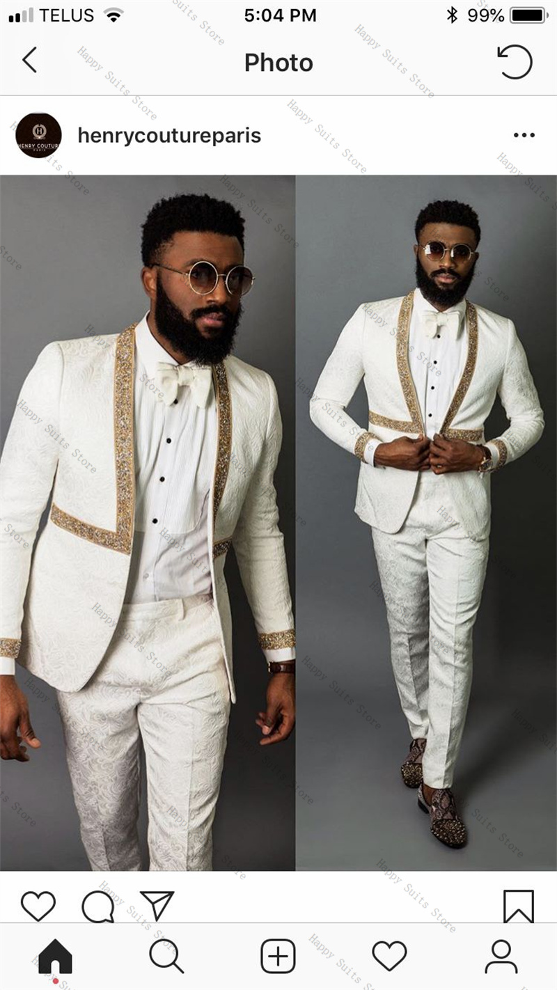 Formal Wear Jersey For Men - ホワイト秋男性スーツセット 2 ピースブレザー + パンツゴールドクリスタル高級結婚式タキシードフォーマルオフィスビジネスカスタマイズされたジャケット