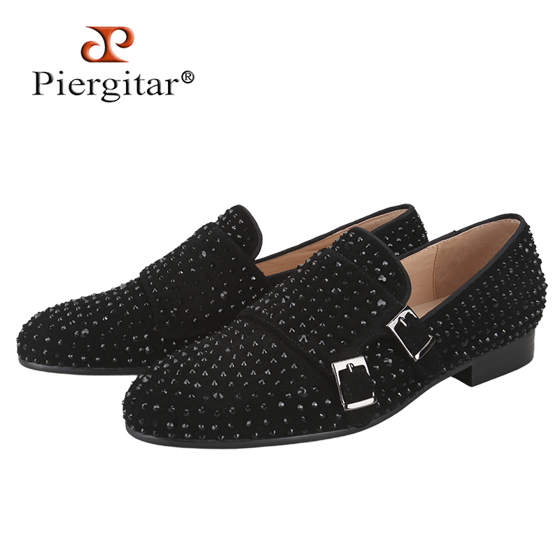 Men'S Formal Party Wear Shoes - Piergitar 新しい黒スエードメンズダブルモンクシューズ手作りラインストーンパーティーやプロムスタイルのスリッポンローファーフォーマルウェア