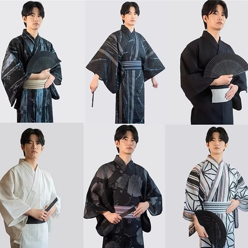 Traditional Japanese Men'S Formal Wear - メンズ日本の伝統的な着物、帯付き、綿プリント、フォーマルな浴衣、コスプレ衣装、旅行写真撮影用ウェア