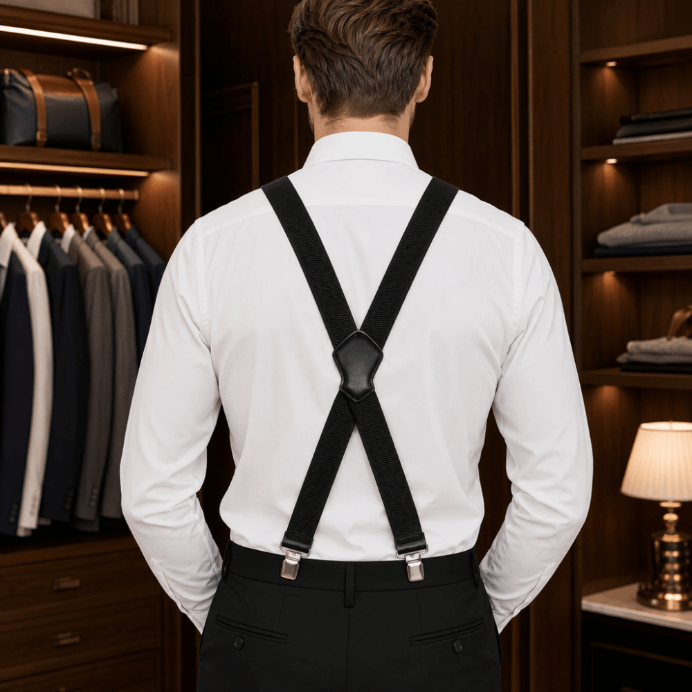 Suspender Clip Formal - 伸縮性のある頑丈なサスペンダー、調節可能なコーンパターンバックル、Xバックサスペンダー、4つのクリップ、幅広クリップオンパンツブレース、フォーマルウェア用