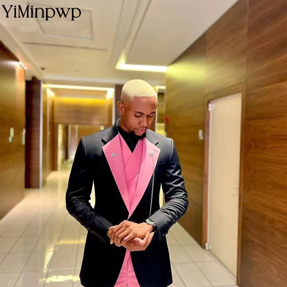 Men Formal Wear Clothes - YiMinpwp ハンサムピンクメンズスーツ ソリッドカラーサテンシングルブレスト作業服 フォーマル新郎ボールガウンスーツ 3点セット XS-5XL
