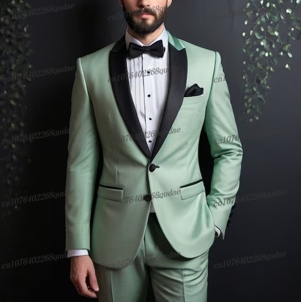 Formal Wear Jersey For Men - 黒襟ミント色フォーマルメンズスーツ結婚式パーティー新郎スーツグルームズマン男性タキシード新郎衣装2ピースセットブレザーパンツ