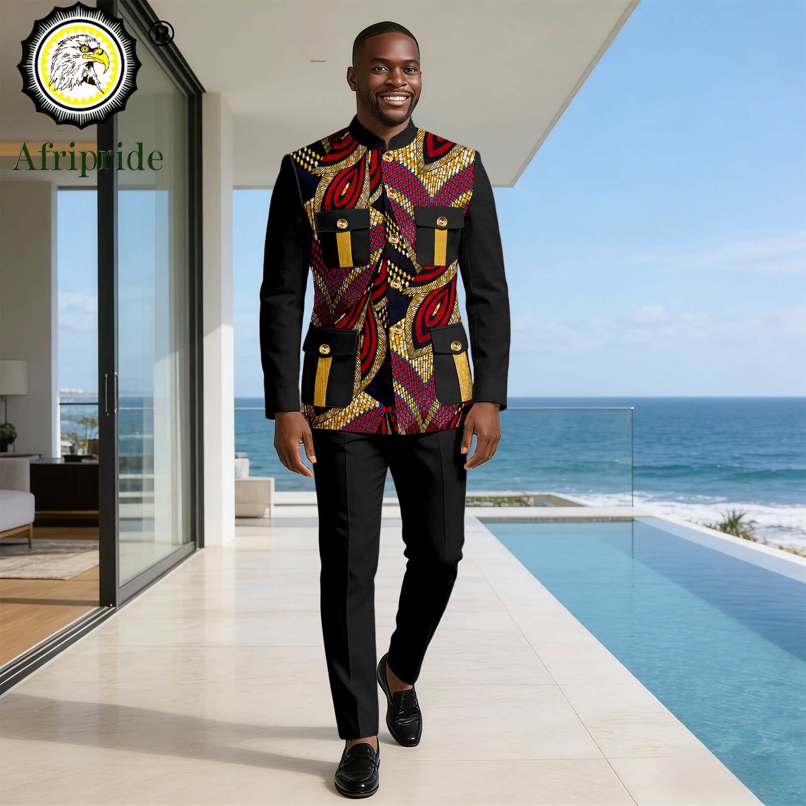 Men Formal Wear Clothes - メンズフォーマルウェア シングルブレスト ポケット刺繍プリント ブレザーとパンツの2ピースセット アフリカのウェディング用衣装 2616026