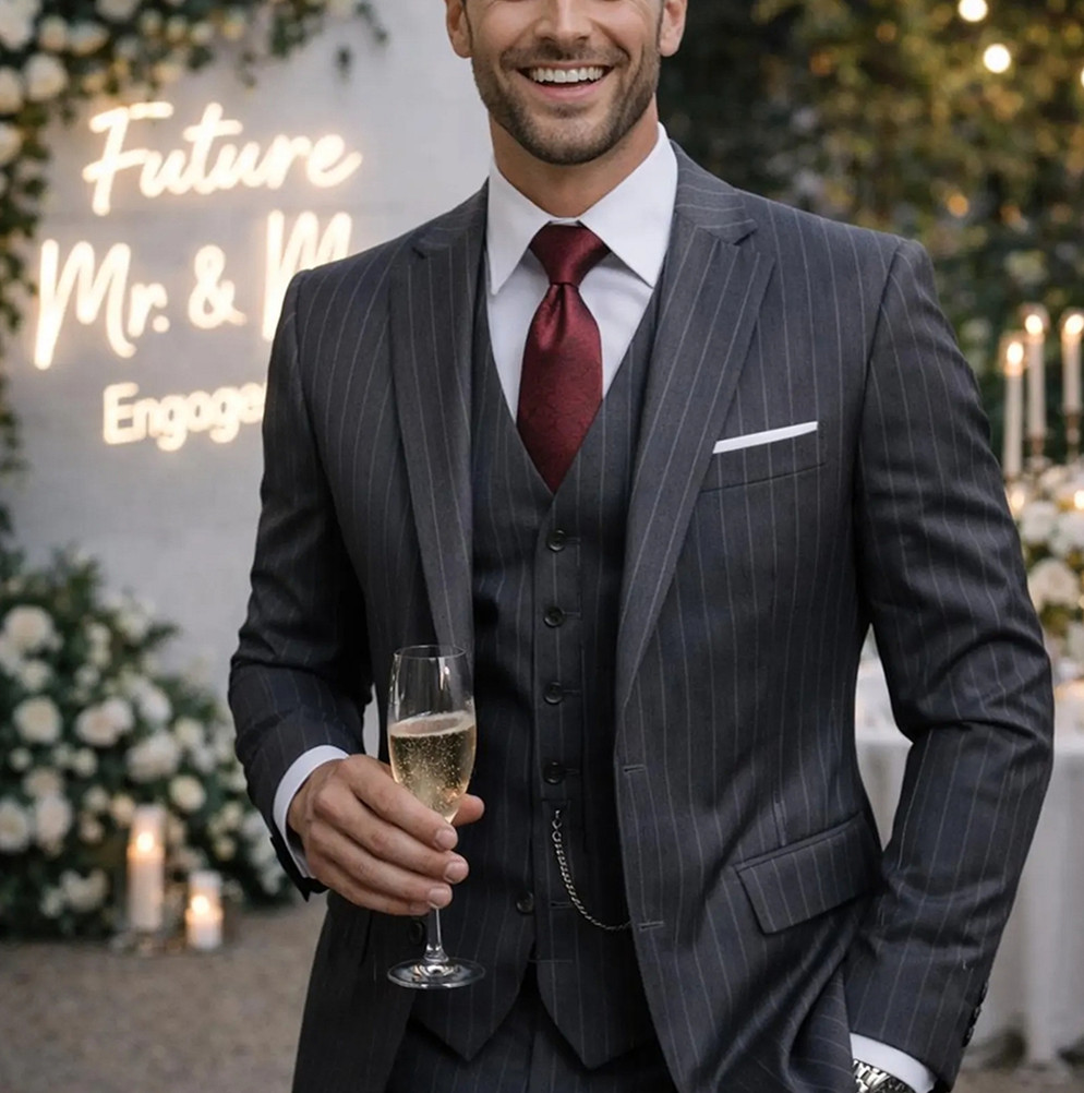 Men'S Formal Wear For Engagement - エレガントな3ピースウェディングパーティーウェア新郎スーツ婚約メンズスーツストライプグレースーツ（ジャケット+ベスト+パンツ）