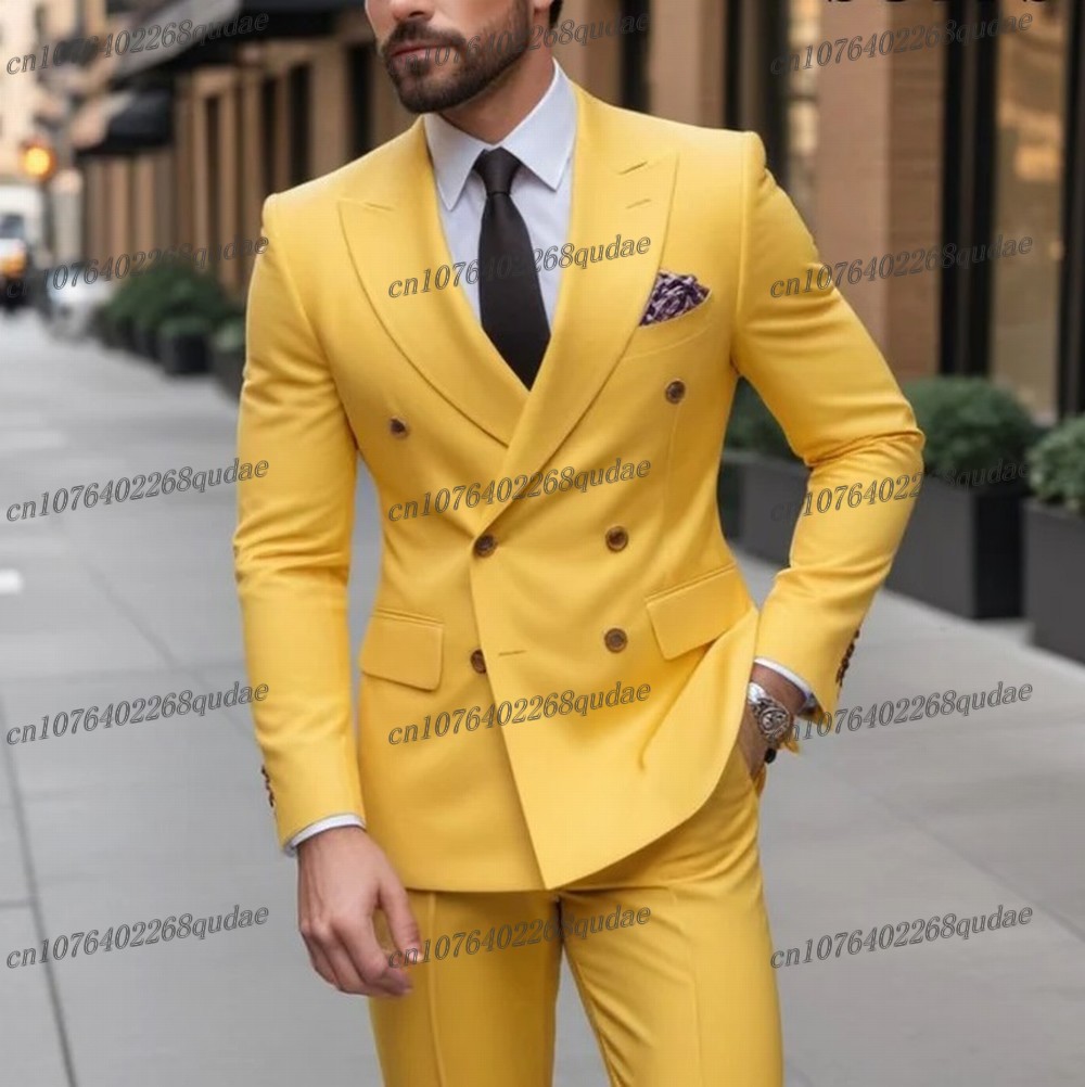 Formal Wear Jersey For Men - 黄色のフォーマルな機会の男性スーツ結婚式パーティー新郎スーツ花婿の付添人男性タキシード花婿の衣装 2 点セットブレザーパンツ