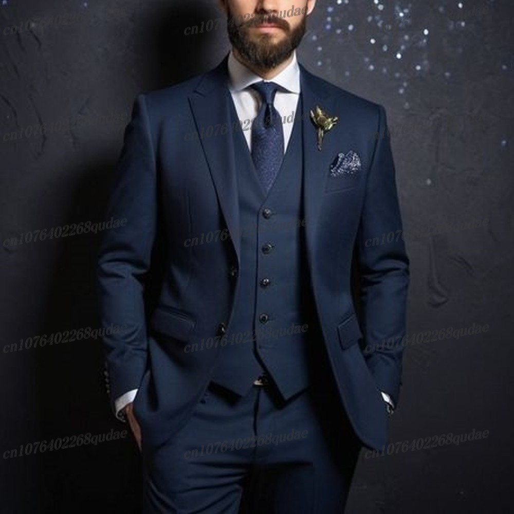 Formal Wear Jersey For Men - 男性用ネイビーブルーのフォーマルスーツ,新郎新婦のスーツ,新郎新婦の男性用タキシード,新郎新婦の衣装,ブレザー,ベスト,パンツ,結婚披露宴,3個セット