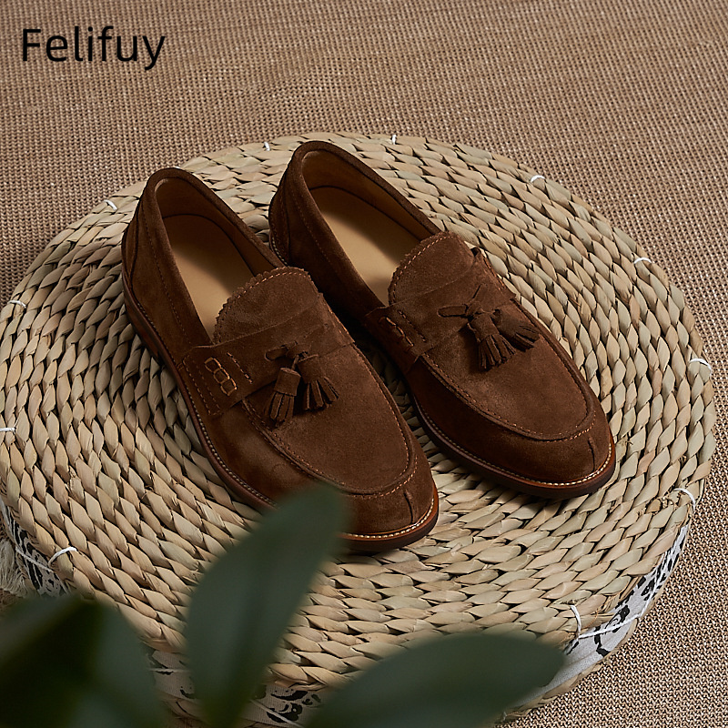 Men'S Formal Party Wear Shoes - 新しいブラウンメンズフラットローファー牛革スエードタッセルカジュアルフォーマルシューズ快適で通気性のあるパーティー結婚式ドレス春靴