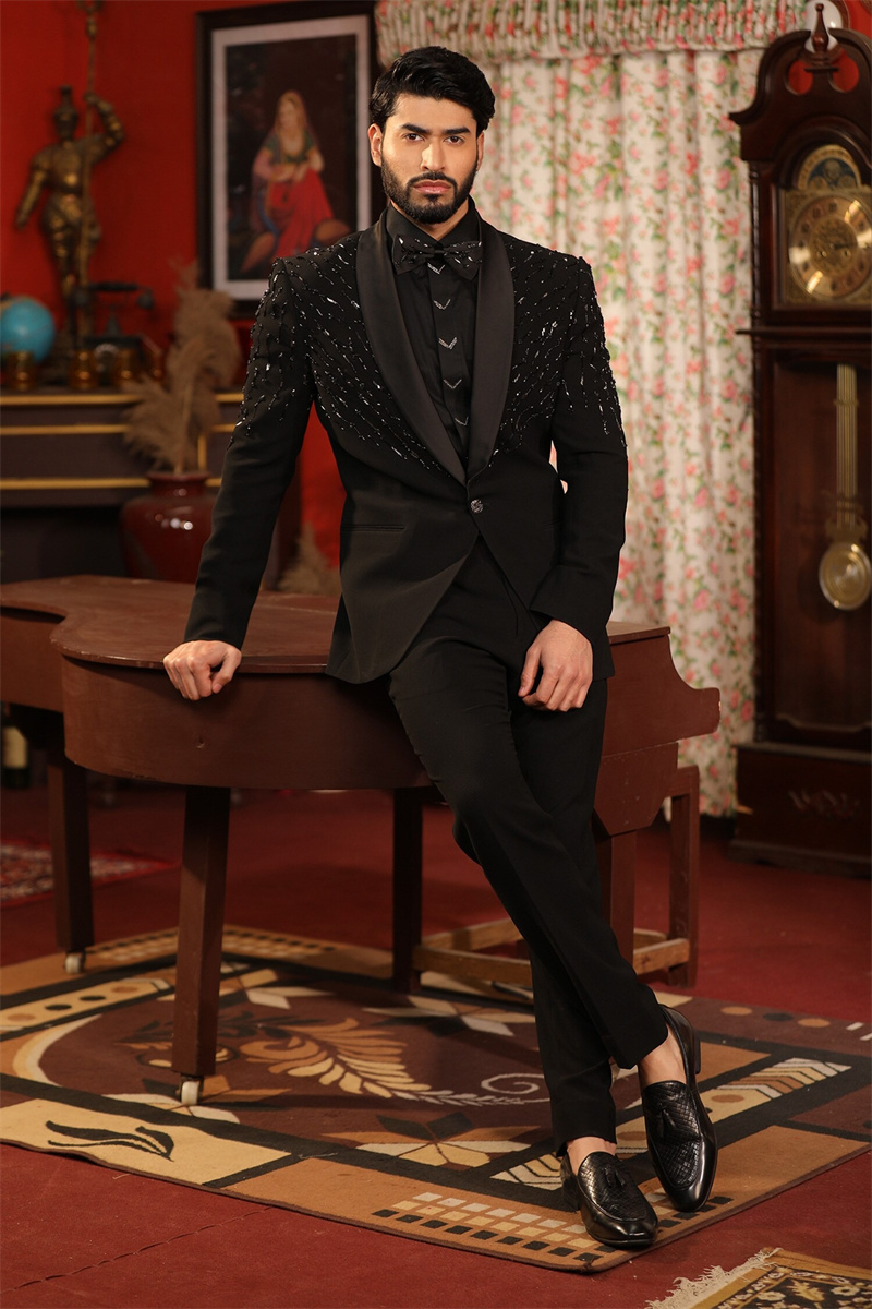 Formal Wear Jersey For Men - クリスタル黒人男性スーツセット 2 個綿ブレザー + パンツズボンフォーマルオフィスビーズ新郎結婚式タキシードカスタマイズジャケット