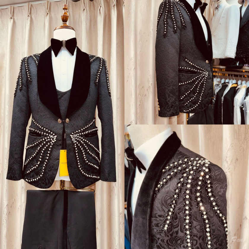 Men'S Formal Wear No Suit - 豪華なクリスタルタッセル付きメンズスーツ3ピース ベルベットラペル ジャカードコート ベスト パンツ フォーマルタキシード
