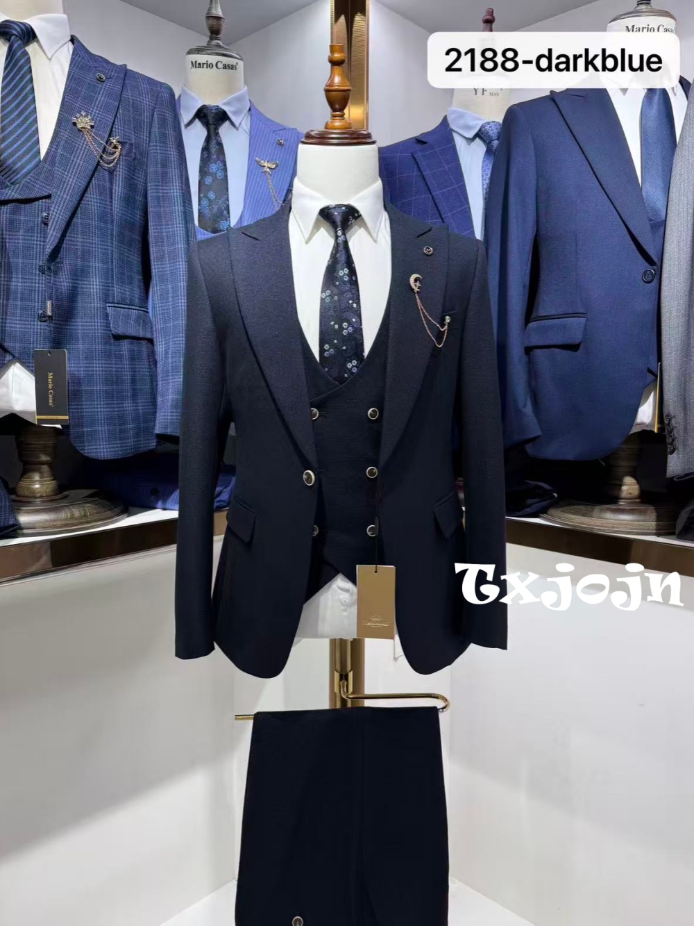 Men Formal Wear Clothes - ダークブルー メンズフォーマルスーツ3点セット ビジネスオフィスウェア 上品なピークドラペルタキシード 結婚式ゲスト服 ファッションスーツ