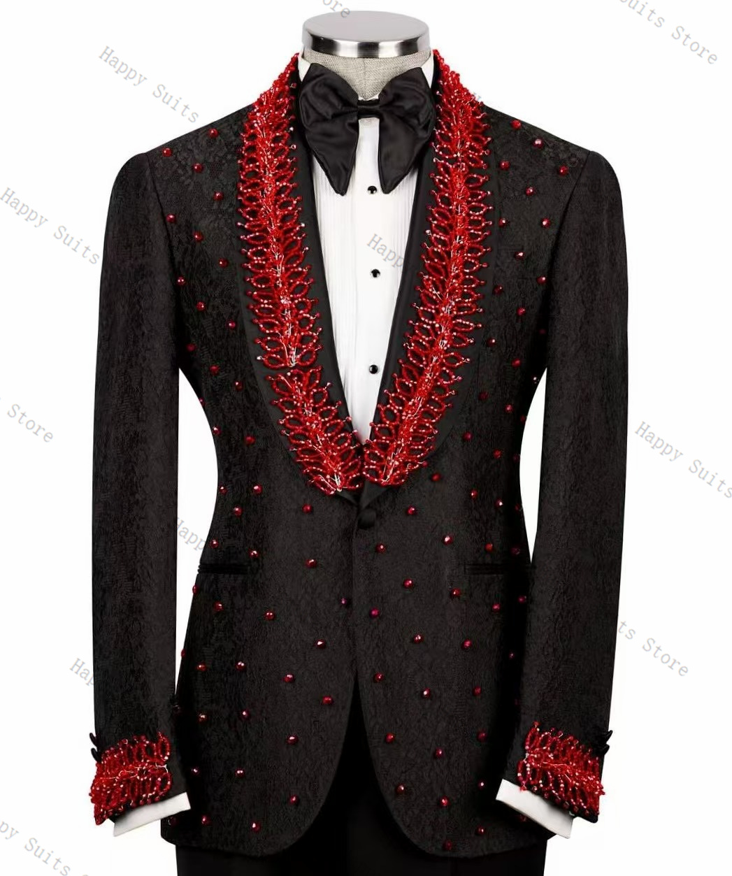 Formal Wear Jersey For Men - レッドクリスタルメンズスーツセット 2 個黒ブレザー + パンツズボンフォーマルオフィスコート秋新郎結婚式タキシードカスタマイズされたジャケット