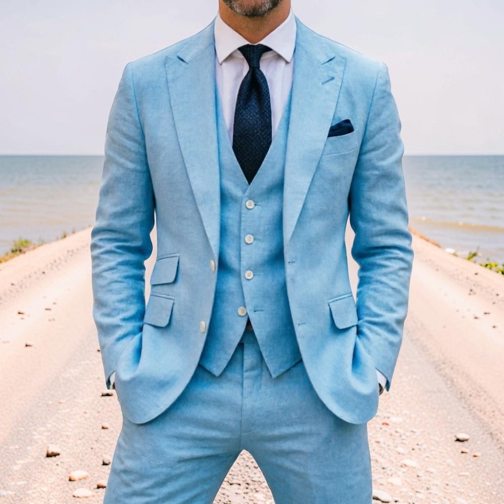 Men'S Formal Wear No Suit - スカイブルーリネンメンズウェディングタキシード3ピースプロムスーツサマーライトウェイトスリムフィットブレザーベストパンツセット通気性フォーマルパーティー