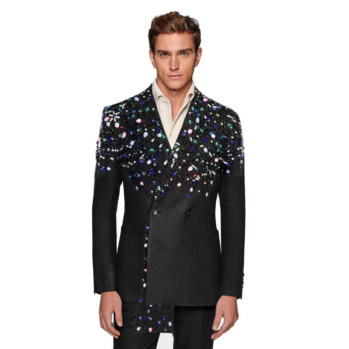 黒人男性スーツセット 2 個クリスタルブレザー + パンツズ - Formal Wear Jersey For Men のレビューと価格