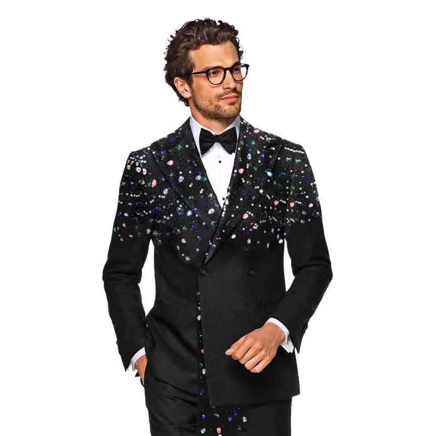 黒人男性スーツセット 2 個クリスタルブレザー + パンツズ - Formal Wear Jersey For Men のレビューと価格