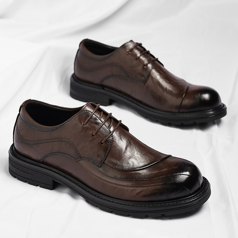 ブラウンの艶出し本革レースアップチャンキーソールフォーマルビ - Men'S Formal Party Wear Shoes のレビューと価格