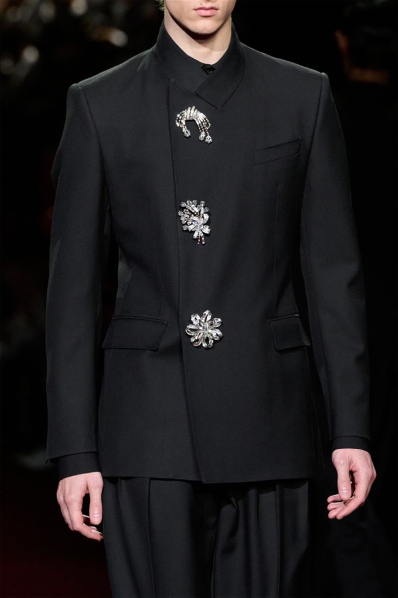 ブラッククリスタル男性スーツセット 2 個ブレザー + パン - Formal Wear Jersey For Men のレビューと価格