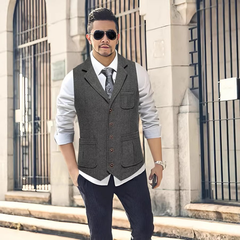 メンズヘリンボーンツイードスーツベストノッチドラペルシングル - Men'S Formal Wear No Suit のレビューと価格