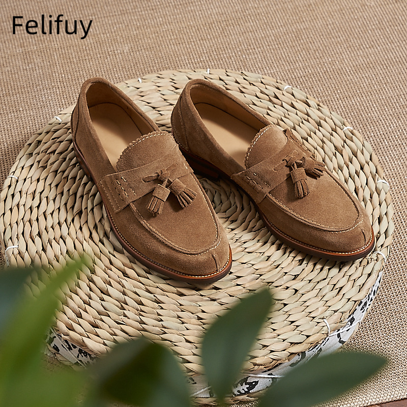 新しいブラウンメンズフラットローファー牛革スエードタッセルカ - Men'S Formal Party Wear Shoes のレビューと価格