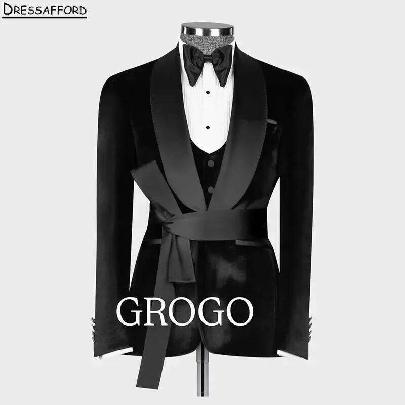 黒のソリッドフォーマルウェディングスーツベルト付きメンズビジ - Men'S Formal Wear No Suit のレビューと価格