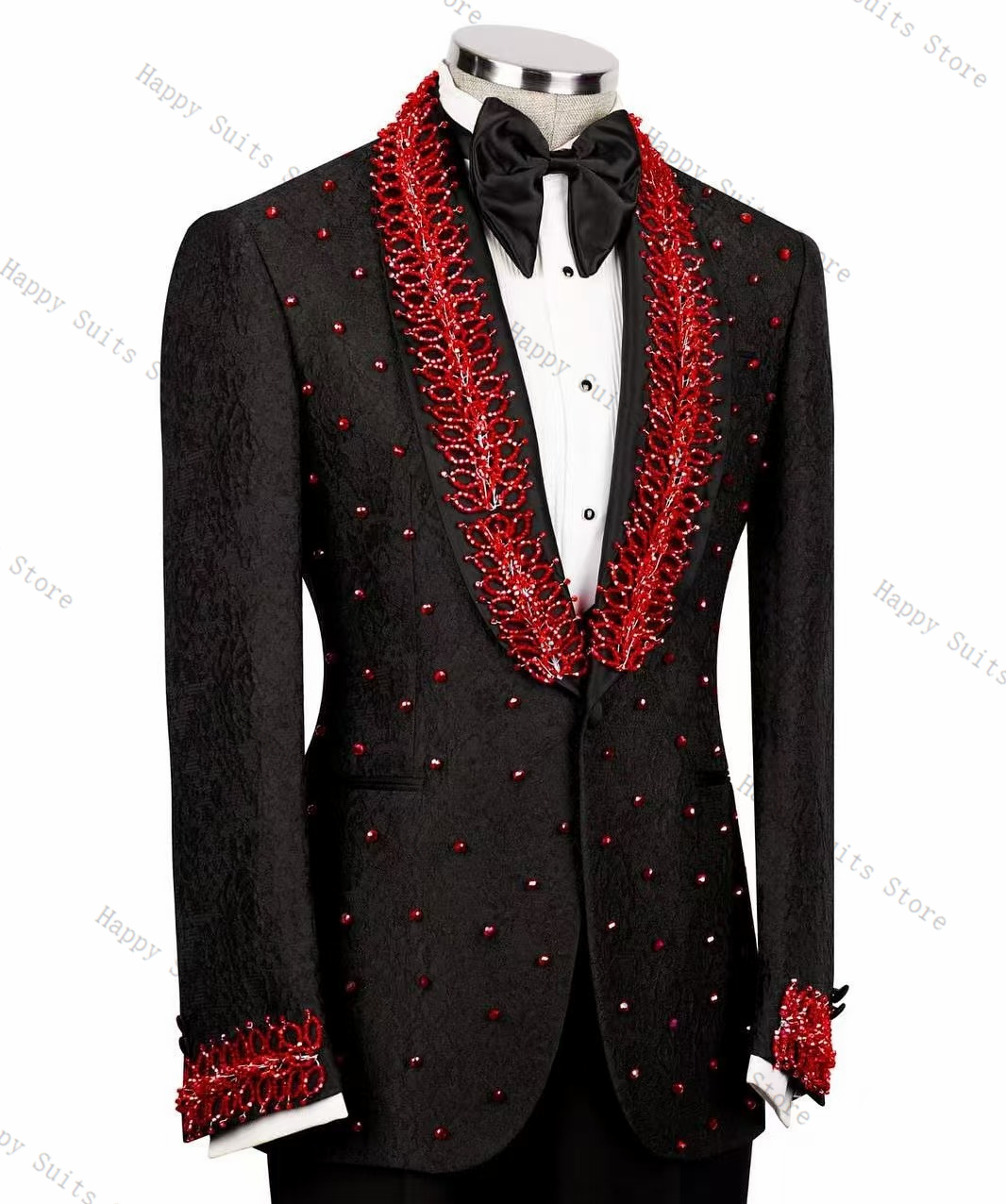 レッドクリスタルメンズスーツセット 2 個黒ブレザー + パ - Formal Wear Jersey For Men のレビューと価格