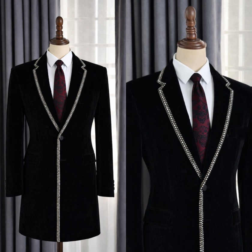 スタイリッシュなラインストーンラペルメンズロングブレザーオー - Men'S Formal Wear No Suit のレビューと価格