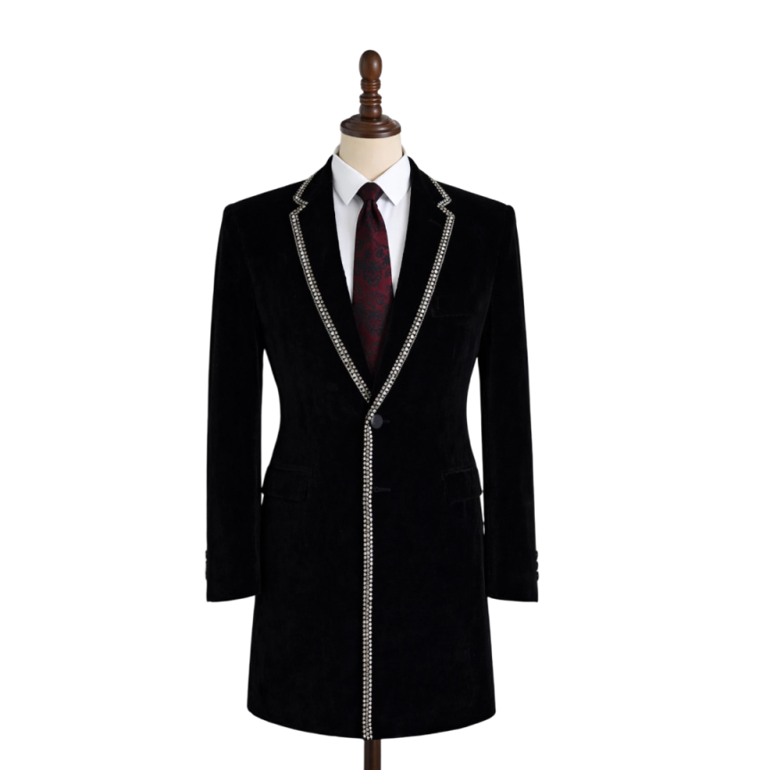 スタイリッシュなラインストーンラペルメンズロングブレザーオー - Men'S Formal Wear No Suit のレビューと価格
